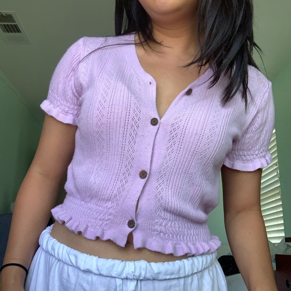 Korean Lavender Cable Knit Button-Down Cardigan Top with Puff Sleeves